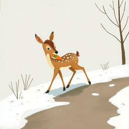 In a snowy landscape, a small brown fawn is walking along a path while holding a carrot in its mouth