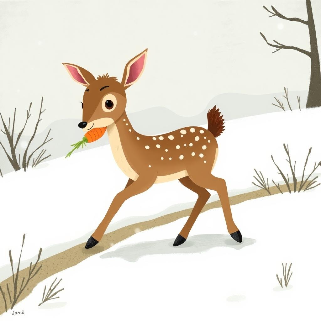In a snowy landscape, a small brown fawn is walking along a path while holding a carrot in its mouth