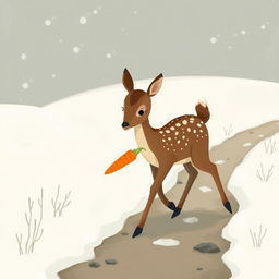 In a snowy landscape, a small brown fawn is walking along a path while holding a carrot in its mouth