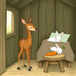Inside a wooden cabin, a brown fawn is standing while a small white rabbit is peacefully asleep on the bed
