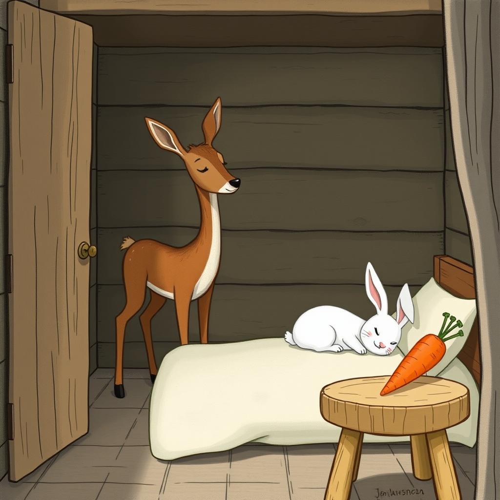 Inside a wooden cabin, a brown fawn is standing while a small white rabbit is peacefully asleep on the bed