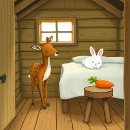 Inside a wooden cabin, a brown fawn is standing while a small white rabbit is peacefully asleep on the bed