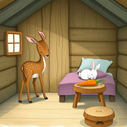 Inside a wooden cabin, a brown fawn is standing while a small white rabbit is peacefully asleep on the bed