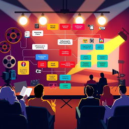A visually engaging representation of a comprehensive marketing and public relations strategy in the context of cinema