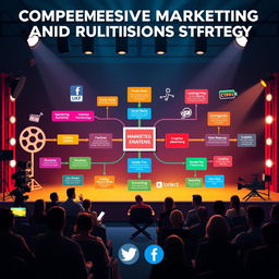 A visually engaging representation of a comprehensive marketing and public relations strategy in the context of cinema