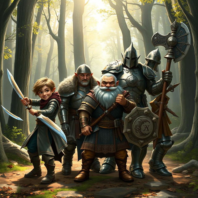 A realistic fantasy scene depicting a group of four adventurers setting out on an adventure