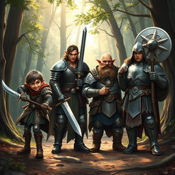 A realistic fantasy scene depicting a group of four adventurers setting out on an adventure