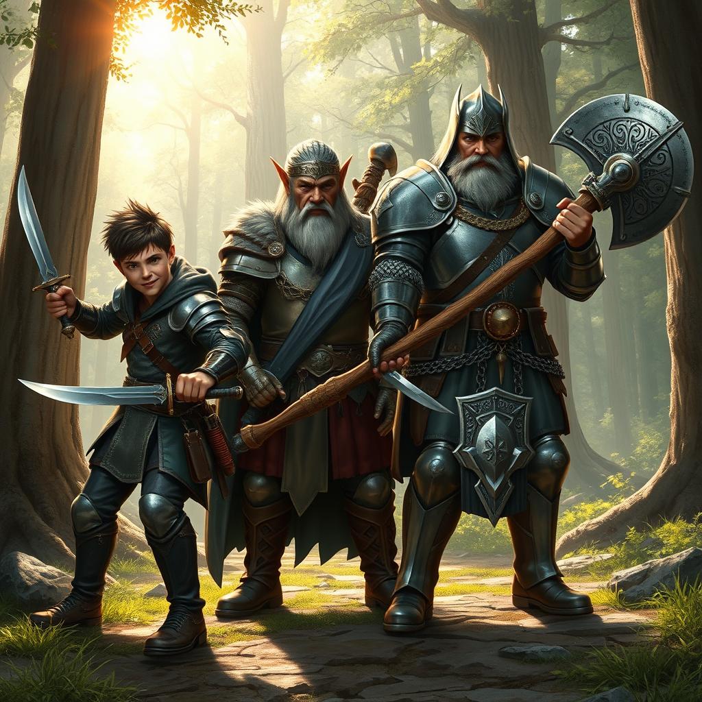 A realistic fantasy scene depicting a group of four adventurers setting out on an adventure