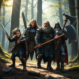 A realistic fantasy scene depicting a group of four adventurers setting out on an adventure