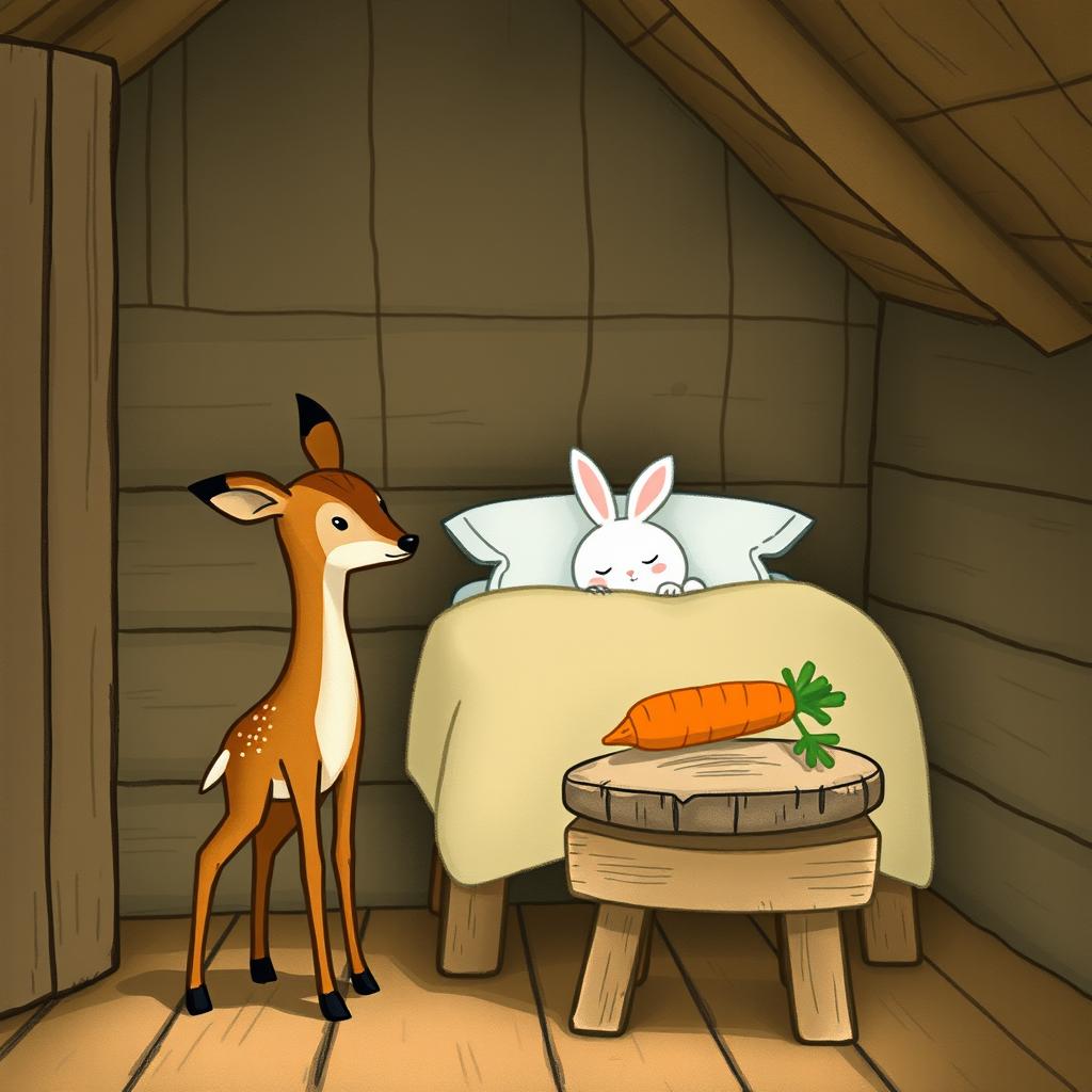 Inside a wooden cabin, a small brown fawn stands next to a bed where a small white rabbit is peacefully asleep
