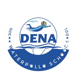 A circular logo for a swimming school featuring a water polo ball design