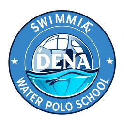 A circular logo for a swimming school featuring a water polo ball design