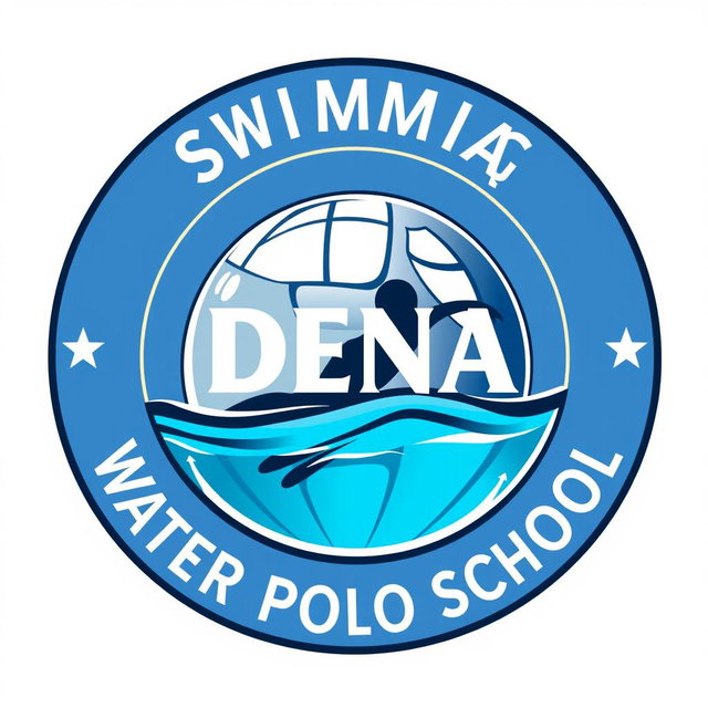 A circular logo for a swimming school featuring a water polo ball design