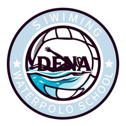 A circular logo for a swimming school featuring a water polo ball design