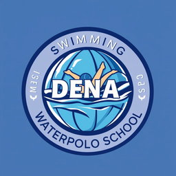 A circular logo for a swimming school featuring a water polo ball design