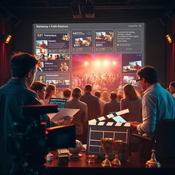 A cinematic frame depicting a comprehensive marketing and public relations strategy in the cinema industry