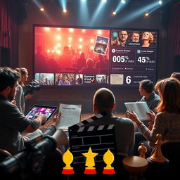 A cinematic frame depicting a comprehensive marketing and public relations strategy in the cinema industry