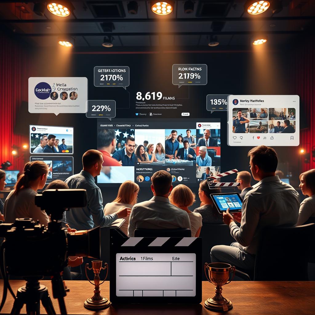 A cinematic frame depicting a comprehensive marketing and public relations strategy in the cinema industry