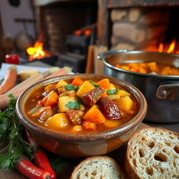 A traditional Irish vegetable stew (Stobhach Glasraí Éireannach) with barley, featuring a rich and hearty mix of colorful root vegetables such as carrots, potatoes, and parsnips, simmering in a rustic pot, garnished with fresh herbs