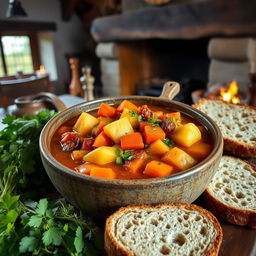 A traditional Irish vegetable stew (Stobhach Glasraí Éireannach) with barley, featuring a rich and hearty mix of colorful root vegetables such as carrots, potatoes, and parsnips, simmering in a rustic pot, garnished with fresh herbs