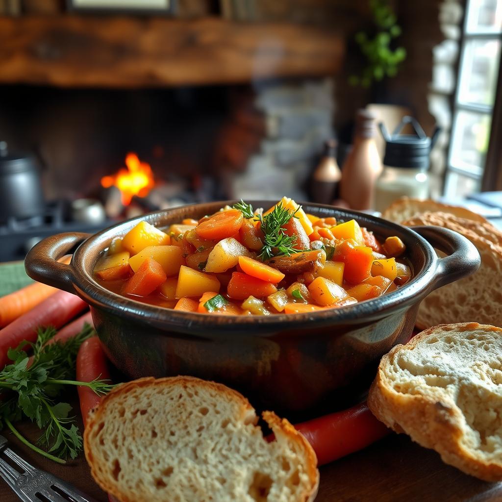 A traditional Irish vegetable stew (Stobhach Glasraí Éireannach) with barley, featuring a rich and hearty mix of colorful root vegetables such as carrots, potatoes, and parsnips, simmering in a rustic pot, garnished with fresh herbs