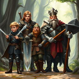 A realistic fantasy illustration depicting a group of four adventurers preparing for an epic journey