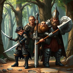 A realistic fantasy illustration depicting a group of four adventurers preparing for an epic journey
