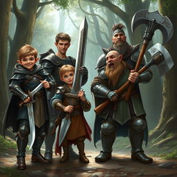 A realistic fantasy illustration depicting a group of four adventurers preparing for an epic journey