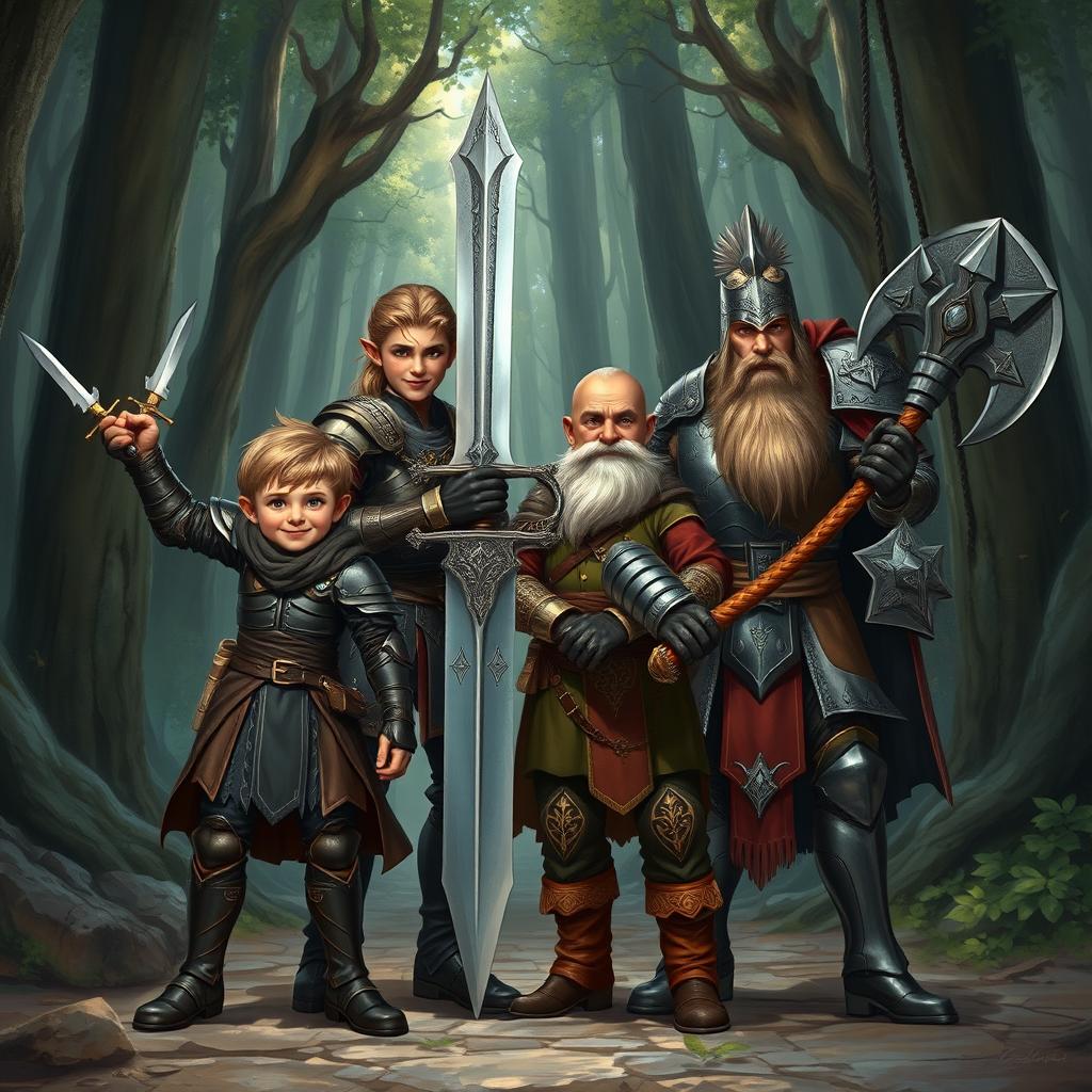 A realistic fantasy illustration depicting a group of four adventurers preparing for an epic journey