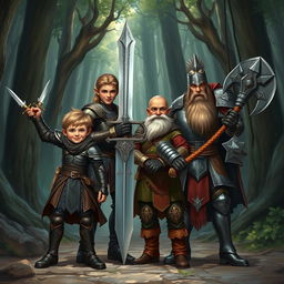 A realistic fantasy illustration depicting a group of four adventurers preparing for an epic journey