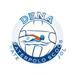 A circular logo for a swimming school featuring a water polo ball as the base of the design