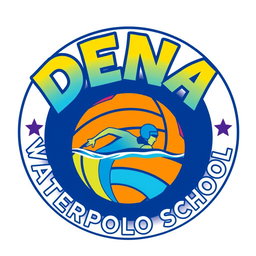 A circular logo for a swimming school featuring a water polo ball as the base of the design