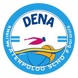 A circular logo for a swimming school featuring a water polo ball as the base of the design