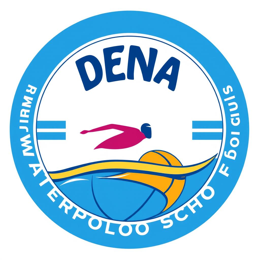 A circular logo for a swimming school featuring a water polo ball as the base of the design