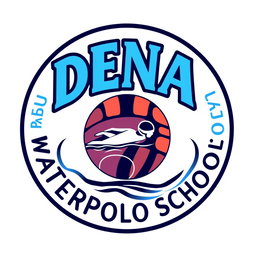 A circular logo for a swimming school featuring a water polo ball as the base of the design