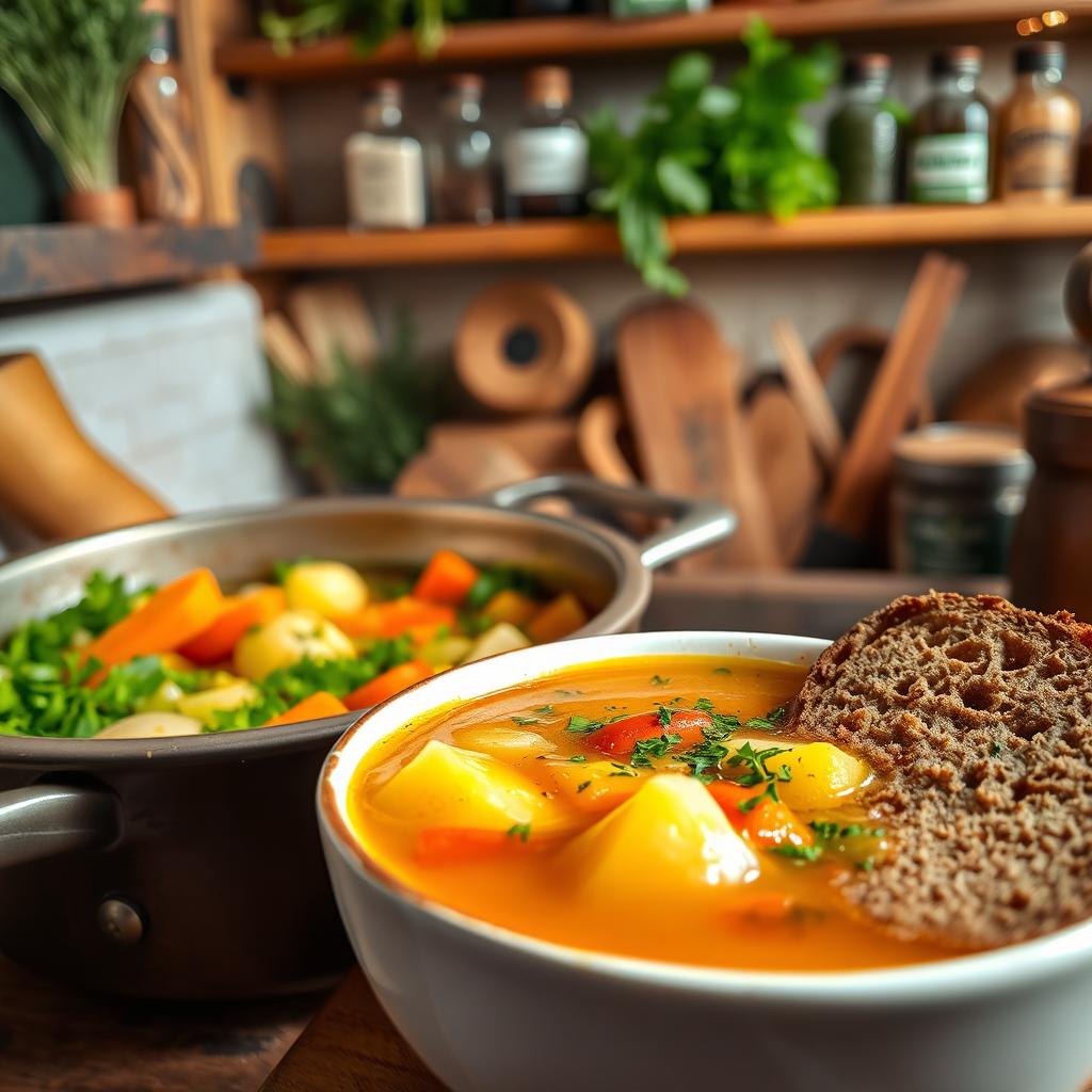 A traditional Irish vegetable soup, known as Stobhach Glasraí Éireannach, featuring a vibrant array of fresh vegetables including potatoes, carrots, leeks, and parsley, simmering in a rustic pot