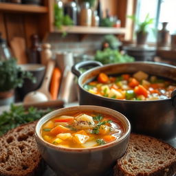 A traditional Irish vegetable soup, known as Stobhach Glasraí Éireannach, featuring a vibrant array of fresh vegetables including potatoes, carrots, leeks, and parsley, simmering in a rustic pot