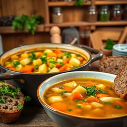 A traditional Irish vegetable soup, known as Stobhach Glasraí Éireannach, featuring a vibrant array of fresh vegetables including potatoes, carrots, leeks, and parsley, simmering in a rustic pot