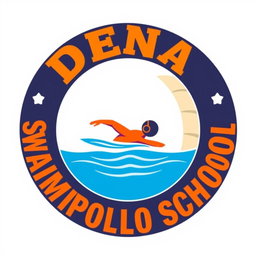 A circular logo for a swimming school designed to look like a water polo ball