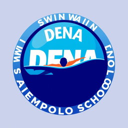 A circular logo for a swimming school designed to look like a water polo ball
