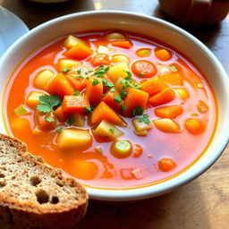 A vibrant bowl of Irish vegetable soup filled with fresh, colorful ingredients such as carrots, potatoes, leeks, and celery