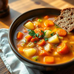 A vibrant bowl of Irish vegetable soup filled with fresh, colorful ingredients such as carrots, potatoes, leeks, and celery