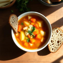 A vibrant bowl of Irish vegetable soup filled with fresh, colorful ingredients such as carrots, potatoes, leeks, and celery