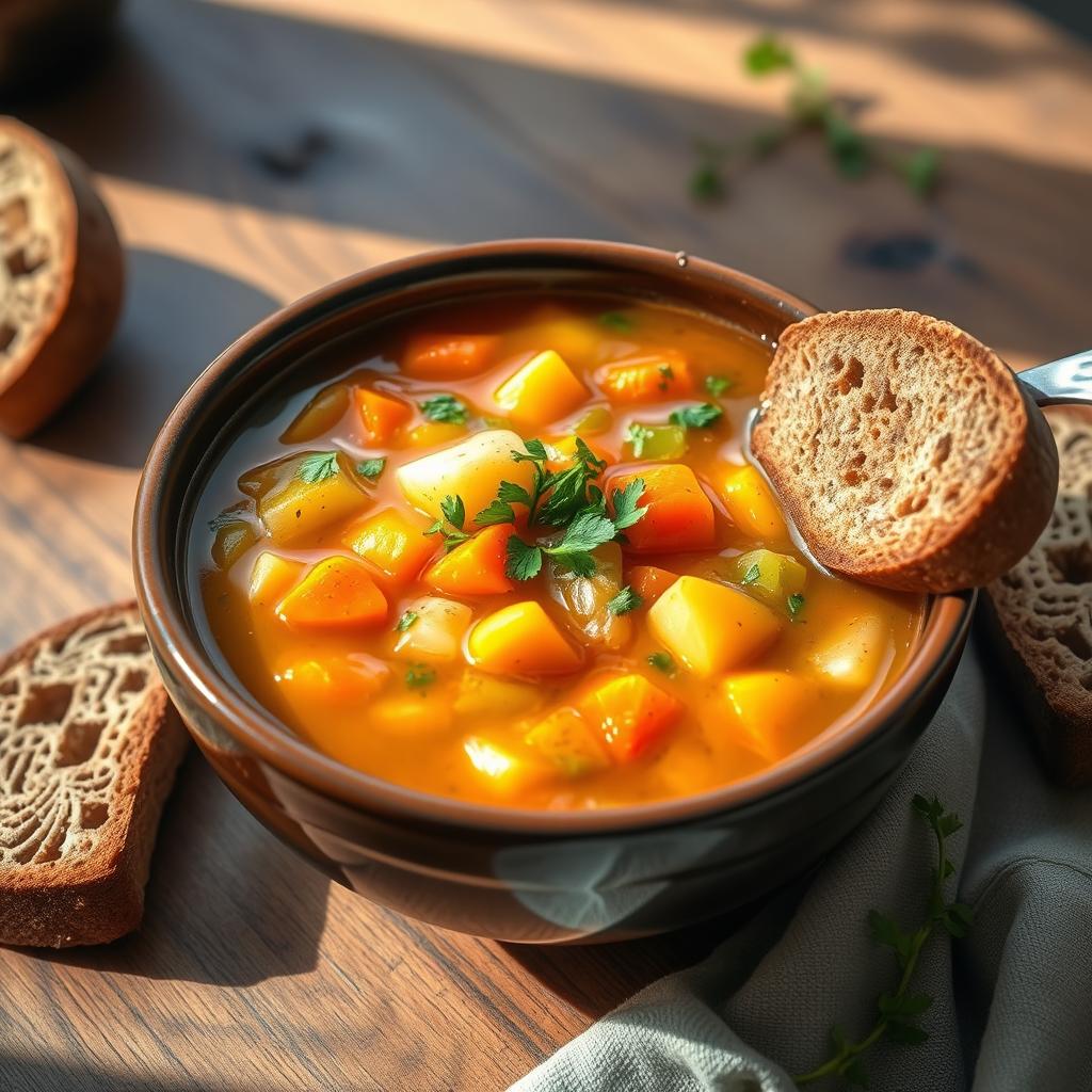 A vibrant bowl of Irish vegetable soup filled with fresh, colorful ingredients such as carrots, potatoes, leeks, and celery