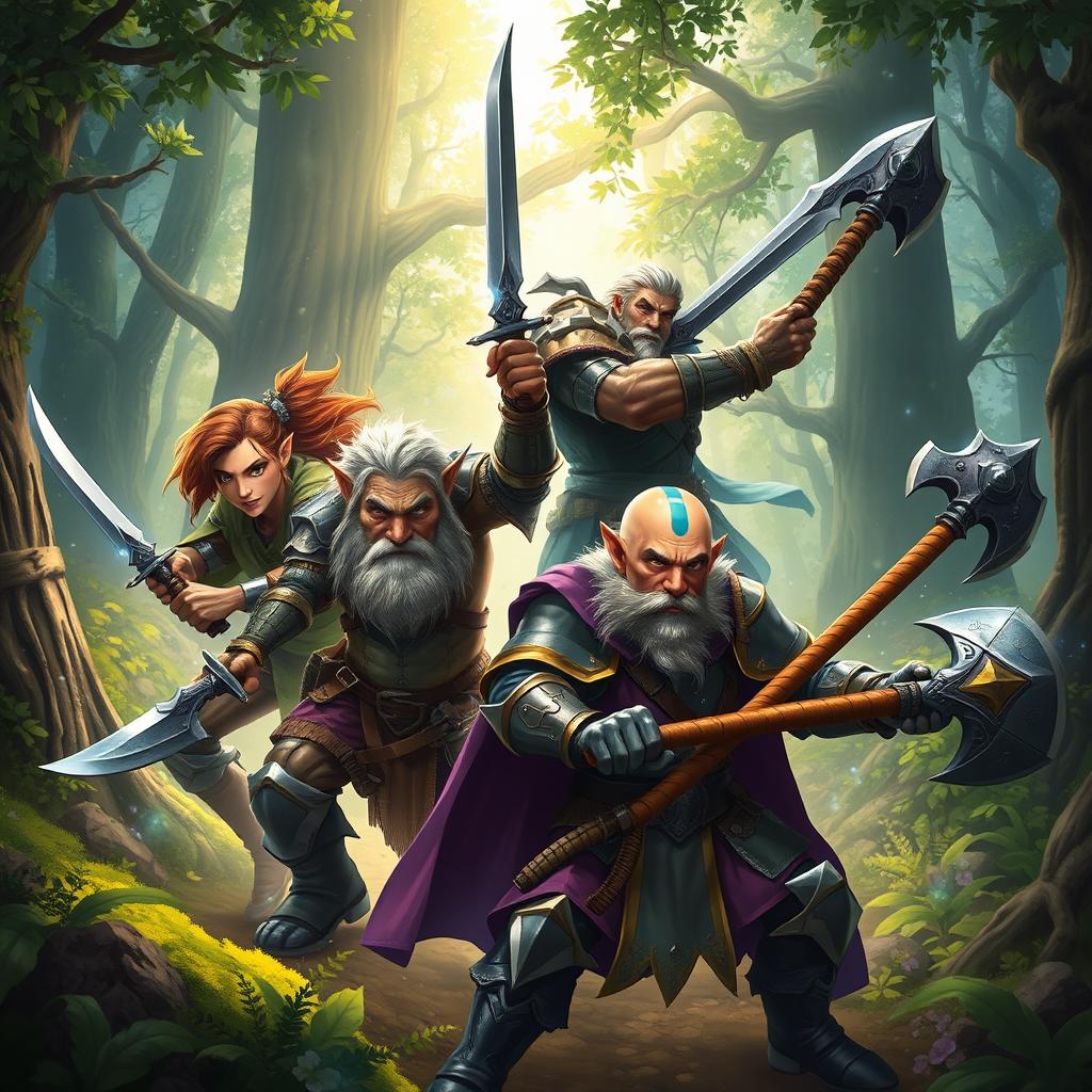 A dynamic fantasy scene showcasing four distinct characters: a cunning half-elf rogue wielding two daggers with a sly grin, an elven warrior holding a massive sword, an aggressive dwarf cleric of small stature brandishing a heavy mace, and a human paladin confidently gripping a war axe
