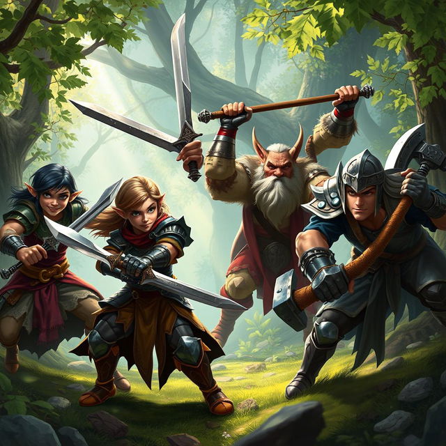 A dynamic fantasy scene showcasing four distinct characters: a cunning half-elf rogue wielding two daggers with a sly grin, an elven warrior holding a massive sword, an aggressive dwarf cleric of small stature brandishing a heavy mace, and a human paladin confidently gripping a war axe
