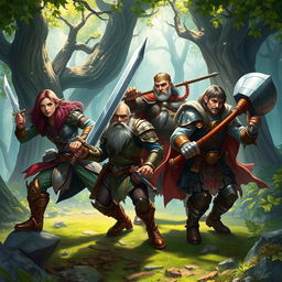 A dynamic fantasy scene showcasing four distinct characters: a cunning half-elf rogue wielding two daggers with a sly grin, an elven warrior holding a massive sword, an aggressive dwarf cleric of small stature brandishing a heavy mace, and a human paladin confidently gripping a war axe