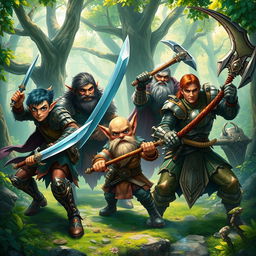 A dynamic fantasy scene showcasing four distinct characters: a cunning half-elf rogue wielding two daggers with a sly grin, an elven warrior holding a massive sword, an aggressive dwarf cleric of small stature brandishing a heavy mace, and a human paladin confidently gripping a war axe