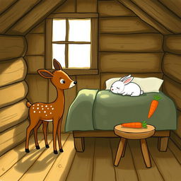 Inside a cozy wooden cabin, a small brown fawn stands peacefully while a tiny white rabbit sleeps soundly on the bed