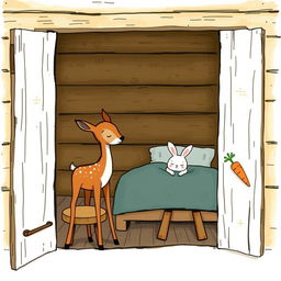 Inside a cozy wooden cabin, a small brown fawn stands peacefully while a tiny white rabbit sleeps soundly on the bed